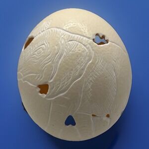 Carved Ostrich Egg With Elephant Art Beautiful For Shelf Or Desk Artwork Decor